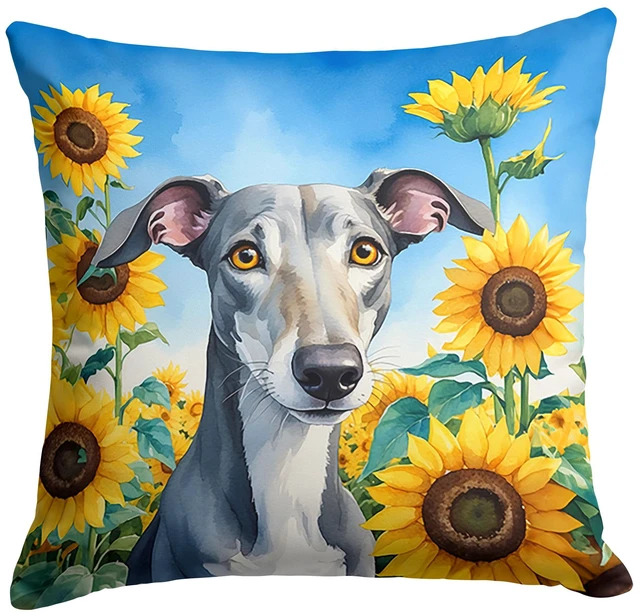Main image of Greyhound in Sunflowers Throw Pillow Machine Washable, Indoor Outdoor Decorative Pillow for Couch, Bed or Patio, 18Hx18W