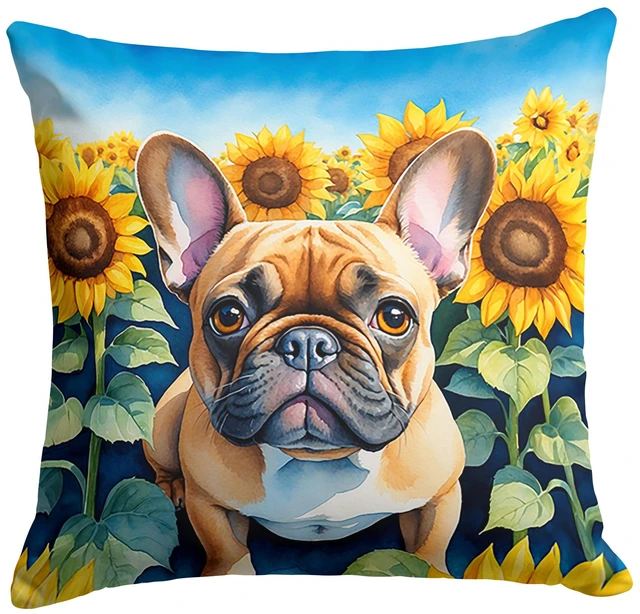 Main image of French Bulldog in Sunflowers Throw Pillow Machine Washable, Indoor Outdoor Decorative Pillow for Couch, Bed or Patio, 18Hx18W