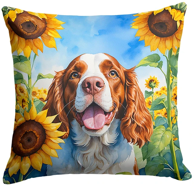 Main image of Welsh Springer Spaniel in Sunflowers Throw Pillow Machine Washable, Indoor Outdoor Decorative Pillow for Couch, Bed or Patio, 18Hx18W