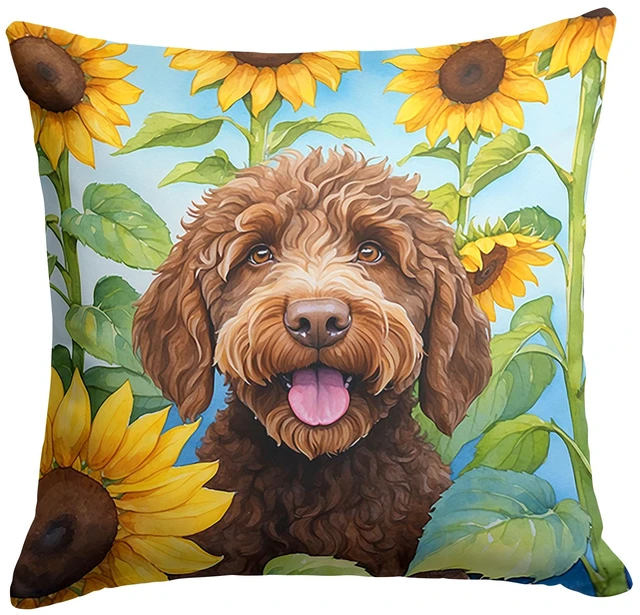 Main image of Labradoodle in Sunflowers Throw Pillow Machine Washable, Indoor Outdoor Decorative Pillow for Couch, Bed or Patio, 18Hx18W