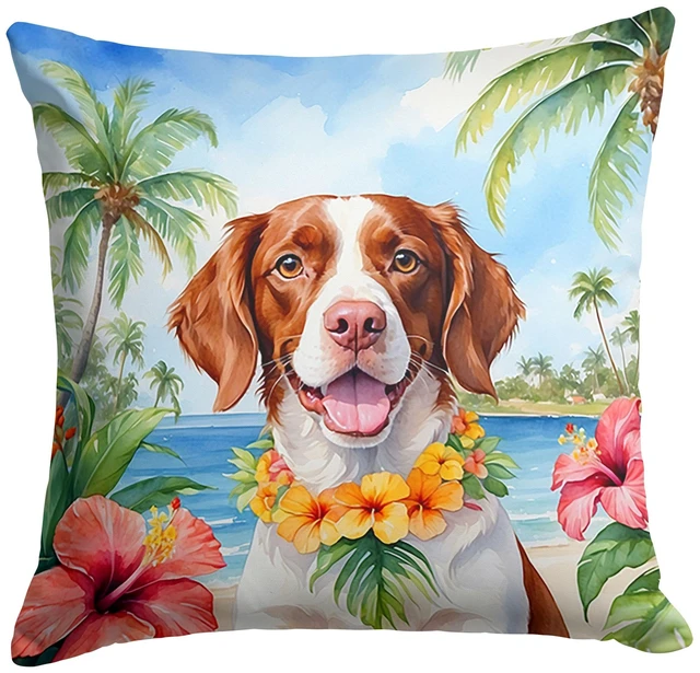 Main image of Brittany Spaniel Luau Throw Pillow Machine Washable, Indoor Outdoor Decorative Pillow for Couch, Bed or Patio, 18Hx18W