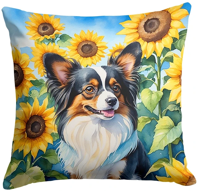Main image of Papillon in Sunflowers Throw Pillow Machine Washable, Indoor Outdoor Decorative Pillow for Couch, Bed or Patio, 18Hx18W