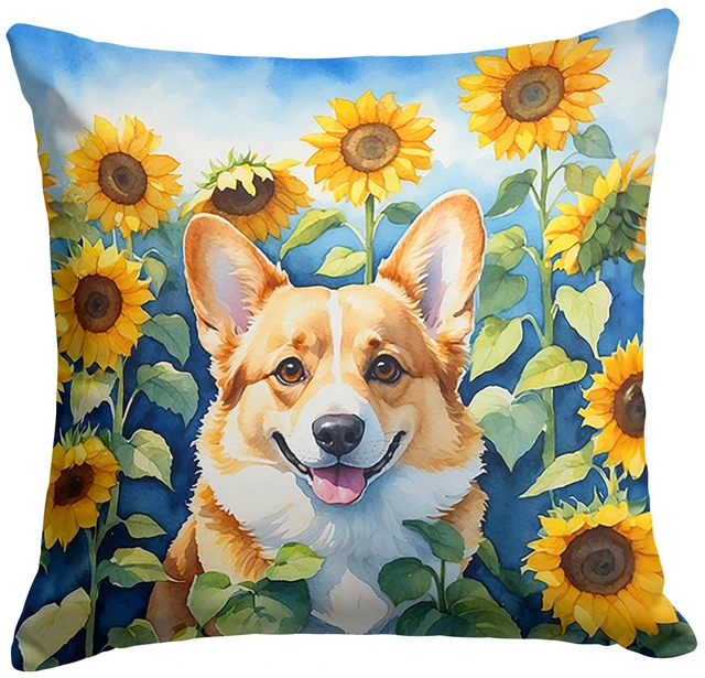 Main image of Corgi in Sunflowers Throw Pillow Machine Washable, Indoor Outdoor Decorative Pillow for Couch, Bed or Patio, 18Hx18W