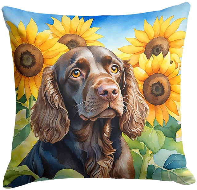 Main image of Boykin Spaniel in Sunflowers Throw Pillow Machine Washable, Indoor Outdoor Decorative Pillow for Couch, Bed or Patio, 18Hx18W