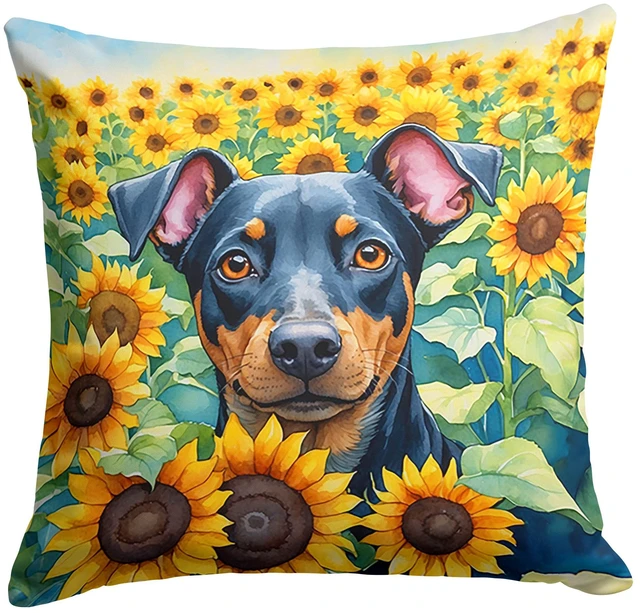 Main image of Manchester Terrier in Sunflowers Throw Pillow Machine Washable, Indoor Outdoor Decorative Pillow for Couch, Bed or Patio, 18Hx18W