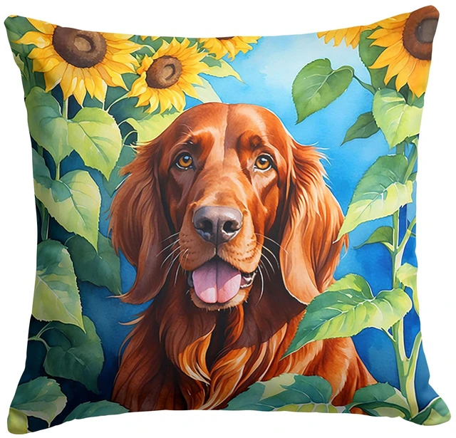 Main image of Irish Setter in Sunflowers Throw Pillow Machine Washable, Indoor Outdoor Decorative Pillow for Couch, Bed or Patio, 18Hx18W