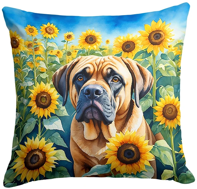 Main image of Mastiff in Sunflowers Throw Pillow Machine Washable, Indoor Outdoor Decorative Pillow for Couch, Bed or Patio, 18Hx18W