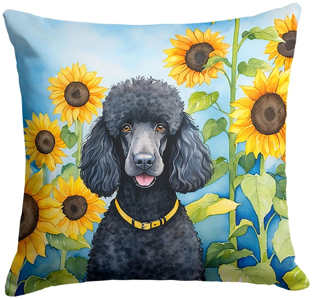 Main image of Black Poodle in Sunflowers Throw Pillow Machine Washable, Indoor Outdoor Decorative Pillow for Couch, Bed or Patio, 18Hx18W