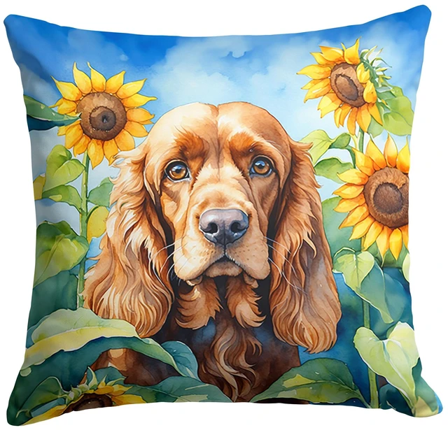 Main image of Cocker Spaniel in Sunflowers Throw Pillow Machine Washable, Indoor Outdoor Decorative Pillow for Couch, Bed or Patio, 18Hx18W