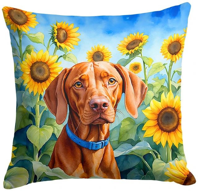 Main image of Vizsla in Sunflowers Throw Pillow Machine Washable, Indoor Outdoor Decorative Pillow for Couch, Bed or Patio, 18Hx18W