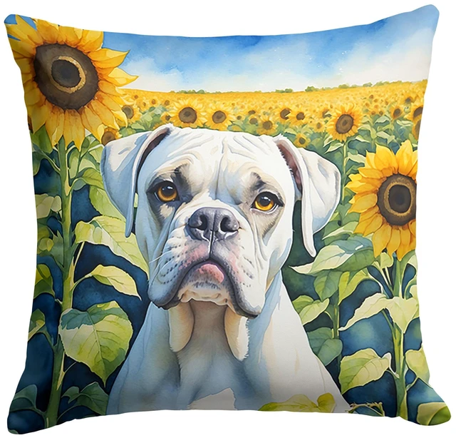 Main image of Boxer in Sunflowers Throw Pillow Machine Washable, Indoor Outdoor Decorative Pillow for Couch, Bed or Patio, 18Hx18W