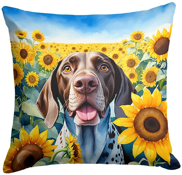 Main image of German Shorthaired Pointer in Sunflowers Throw Pillow Machine Washable, Indoor Outdoor Decorative Pillow for Couch, Bed or Patio, 18Hx18W
