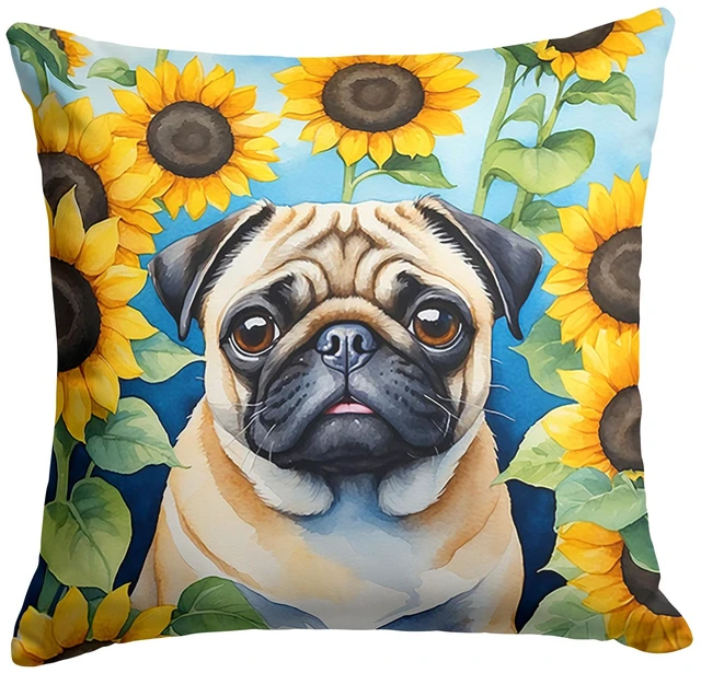 Main image of Pug in Sunflowers Throw Pillow Machine Washable, Indoor Outdoor Decorative Pillow for Couch, Bed or Patio, 18Hx18W
