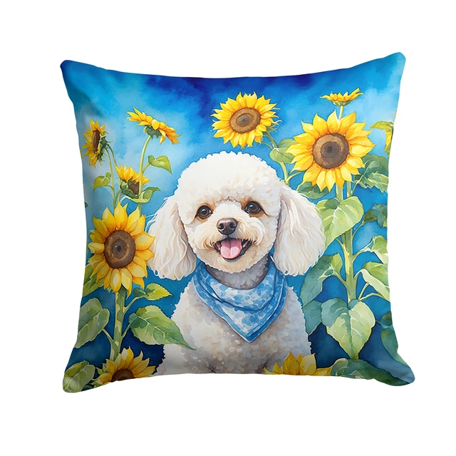 Main image of White Poodle in Sunflowers Throw Pillow Machine Washable, Indoor Outdoor Decorative Pillow for Couch, Bed or Patio, 18Hx18W