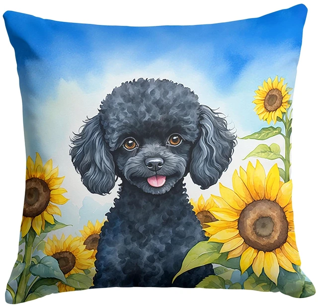 Main image of Black Poodle in Sunflowers Throw Pillow Machine Washable, Indoor Outdoor Decorative Pillow for Couch, Bed or Patio, 18Hx18W