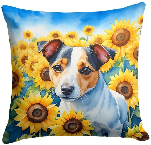 Main image of Jack Russell Terrier in Sunflowers Throw Pillow Machine Washable, Indoor Outdoor Decorative Pillow for Couch, Bed or Patio, 18Hx18W