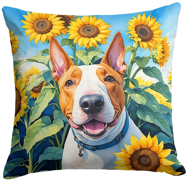 Main image of NEW English Bull Terrier in Sunflowers Throw Pillow Machine Washable, Indoor Outdoor Decorative Pillow for Couch, Bed or Patio, 18Hx18W