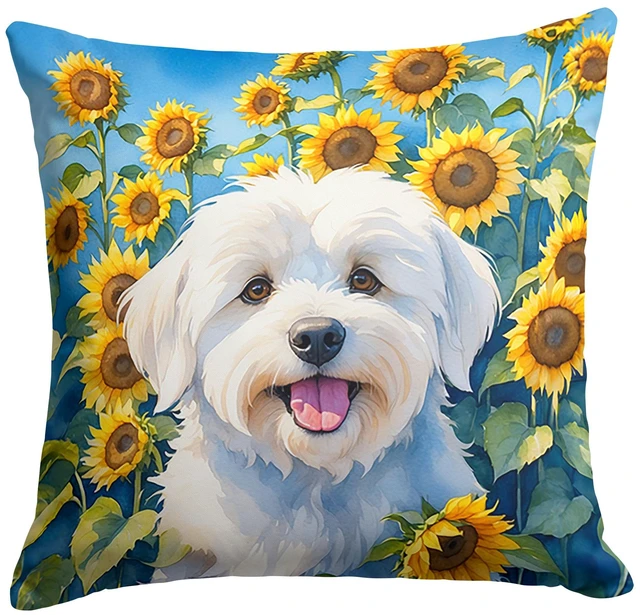Main image of Coton de Tulear in Sunflowers Throw Pillow Machine Washable, Indoor Outdoor Decorative Pillow for Couch, Bed or Patio, 18Hx18W