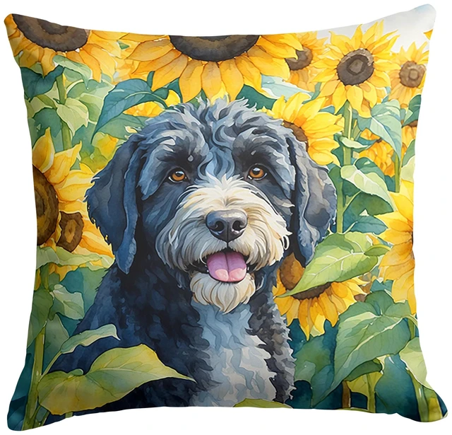 Main image of Portuguese Water Dog in Sunflowers Throw Pillow Machine Washable, Indoor Outdoor Decorative Pillow for Couch, Bed or Patio, 18Hx18W