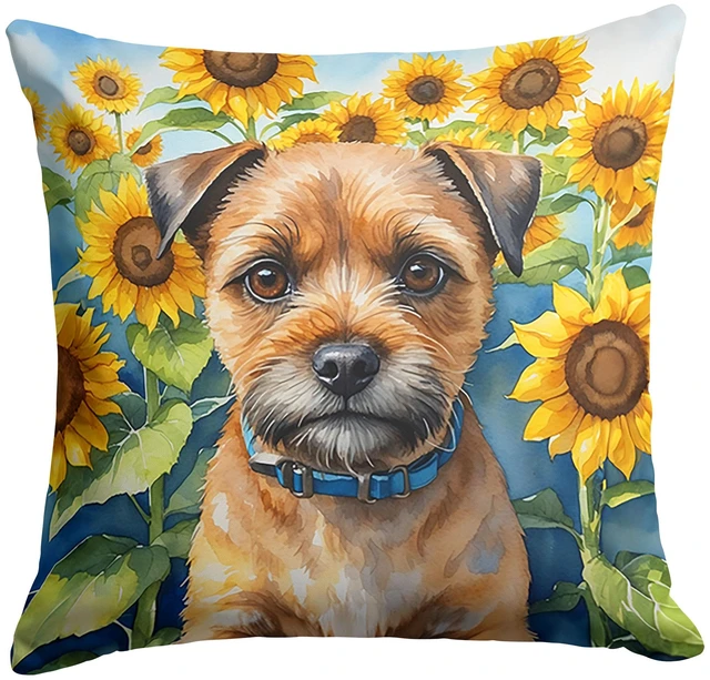Main image of Border Terrier in Sunflowers Throw Pillow Machine Washable, Indoor Outdoor Decorative Pillow for Couch, Bed or Patio, 18Hx18W