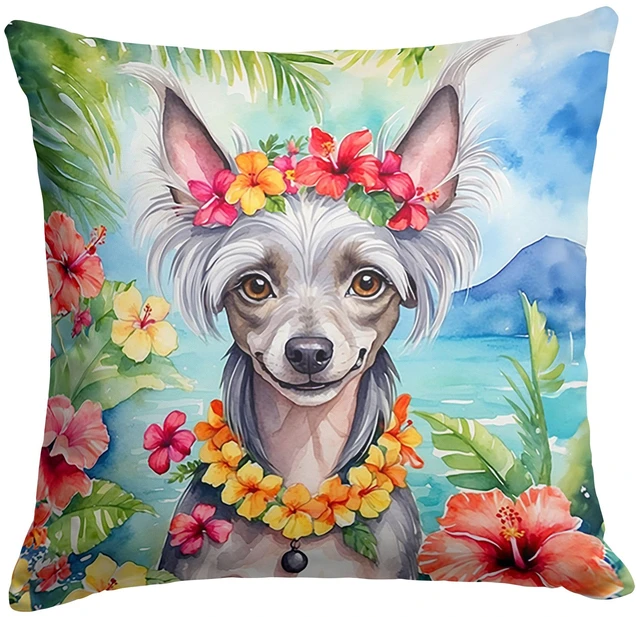 Main image of Chinese Crested Luau Throw Pillow Machine Washable, Indoor Outdoor Decorative Pillow for Couch, Bed or Patio, 18Hx18W