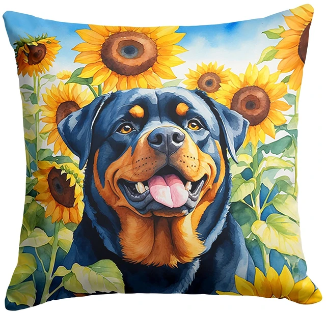 Main image of Rottweiler in Sunflowers Throw Pillow Machine Washable, Indoor Outdoor Decorative Pillow for Couch, Bed or Patio, 18Hx18W