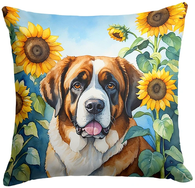 Main image of Saint Bernard in Sunflowers Throw Pillow Machine Washable, Indoor Outdoor Decorative Pillow for Couch, Bed or Patio, 18Hx18W