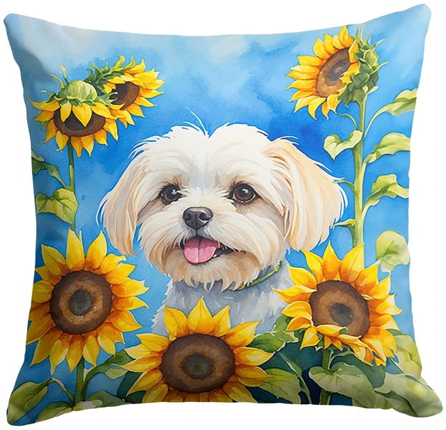 Main image of Maltese in Sunflowers Throw Pillow Machine Washable, Indoor Outdoor Decorative Pillow for Couch, Bed or Patio, 18Hx18W