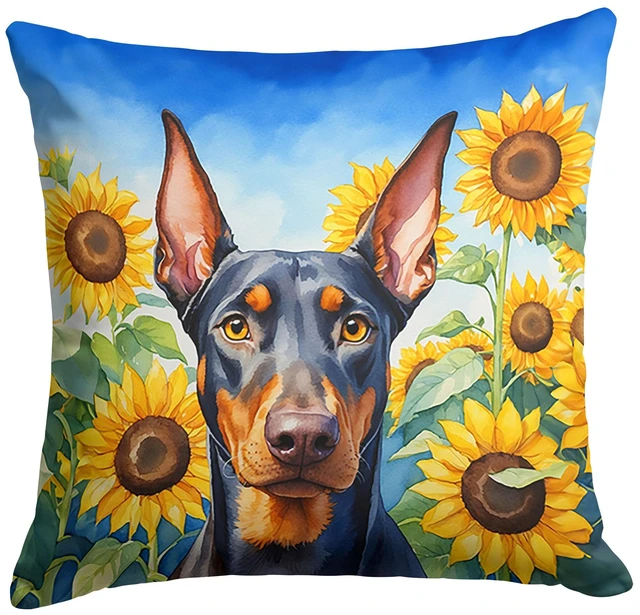 Main image of Doberman Pinscher in Sunflowers Throw Pillow Machine Washable, Indoor Outdoor Decorative Pillow for Couch, Bed or Patio, 18Hx18W