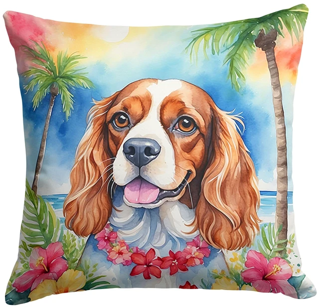 Main image of Cavalier Spaniel Luau Throw Pillow Machine Washable, Indoor Outdoor Decorative Pillow for Couch, Bed or Patio, 18Hx18W