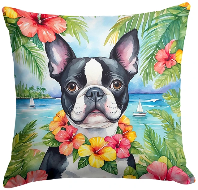 Main image of Boston Terrier Luau Throw Pillow Machine Washable, Indoor Outdoor Decorative Pillow for Couch, Bed or Patio, 18Hx18W