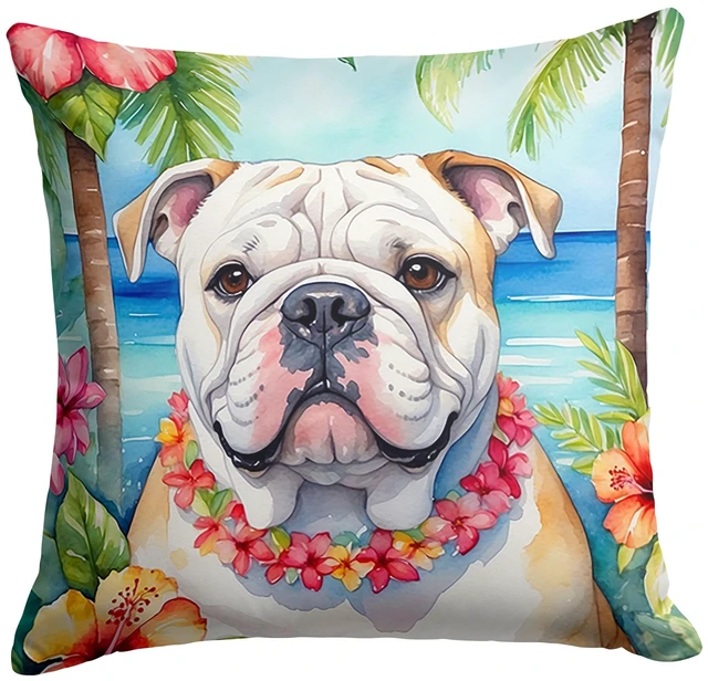 Main image of English Bulldog Luau Throw Pillow Machine Washable, Indoor Outdoor Decorative Pillow for Couch, Bed or Patio, 18Hx18W