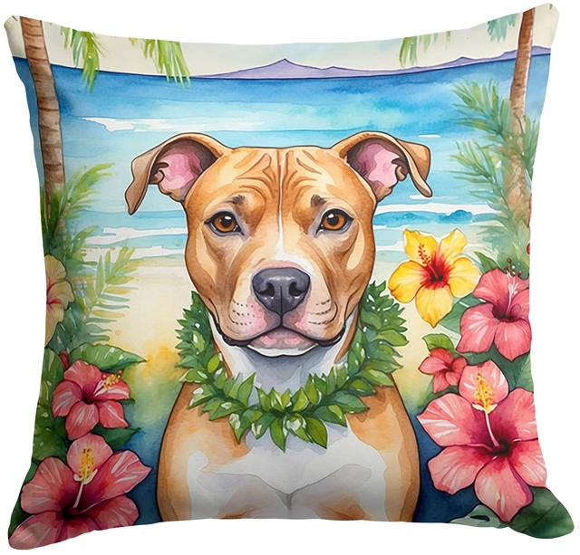 Main image of NEW Pit Bull Terrier Luau Throw Pillow Machine Washable, Indoor Outdoor Decorative Pillow for Couch, Bed or Patio, 18Hx18W