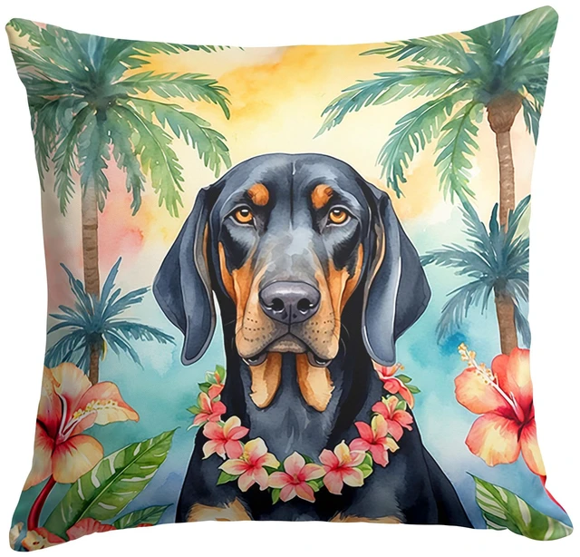 Main image of Black and Tan Coonhound Luau Throw Pillow Machine Washable, Indoor Outdoor Decorative Pillow for Couch, Bed or Patio, 18Hx18W
