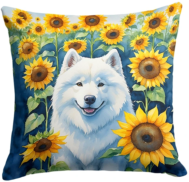 Main image of Samoyed in Sunflowers Throw Pillow Machine Washable, Indoor Outdoor Decorative Pillow for Couch, Bed or Patio, 18Hx18W