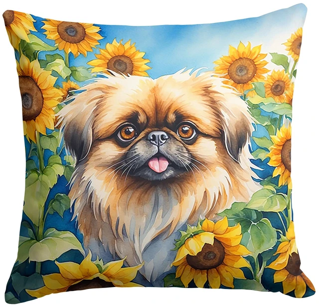 Main image of Pekingese in Sunflowers Throw Pillow Machine Washable, Indoor Outdoor Decorative Pillow for Couch, Bed or Patio, 18Hx18W