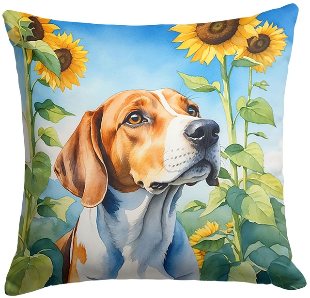 Main image of English Foxhound in Sunflowers Throw Pillow Machine Washable, Indoor Outdoor Decorative Pillow for Couch, Bed or Patio, 18Hx18W