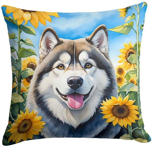 Main image of Alaskan Malamute in Sunflowers Throw Pillow Machine Washable, Indoor Outdoor Decorative Pillow for Couch, Bed or Patio, 18Hx18W