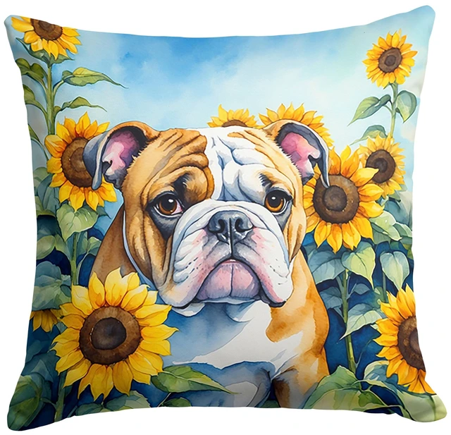 Main image of English Bulldog in Sunflowers Throw Pillow Machine Washable, Indoor Outdoor Decorative Pillow for Couch, Bed or Patio, 18Hx18W