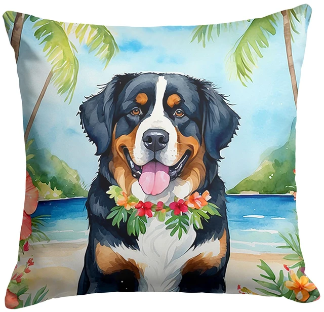 Main image of Bernese Mountain Dog Luau Throw Pillow Machine Washable, Indoor Outdoor Decorative Pillow for Couch, Bed or Patio, 18Hx18W