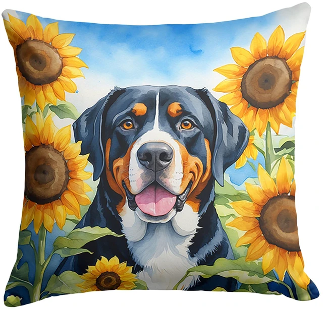Main image of Greater Swiss Mountain Dog in Sunflowers Throw Pillow Machine Washable, Indoor Outdoor Decorative Pillow for Couch, Bed or Patio, 18Hx18W