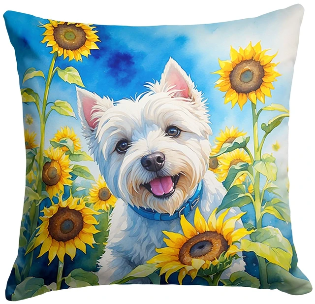 Main image of Westie in Sunflowers Throw Pillow Machine Washable, Indoor Outdoor Decorative Pillow for Couch, Bed or Patio, 18Hx18W