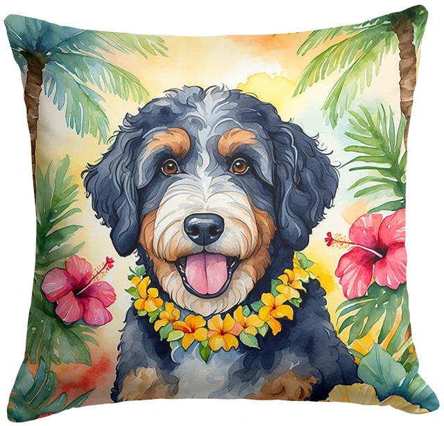 Main image of Bernedoodle Luau Throw Pillow Machine Washable, Indoor Outdoor Decorative Pillow for Couch, Bed or Patio, 18Hx18W