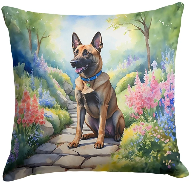 Main image of Belgian Malinois Spring Garden Throw Pillow Machine Washable, Indoor Outdoor Decorative Pillow for Couch, Bed or Patio, 18Hx18W