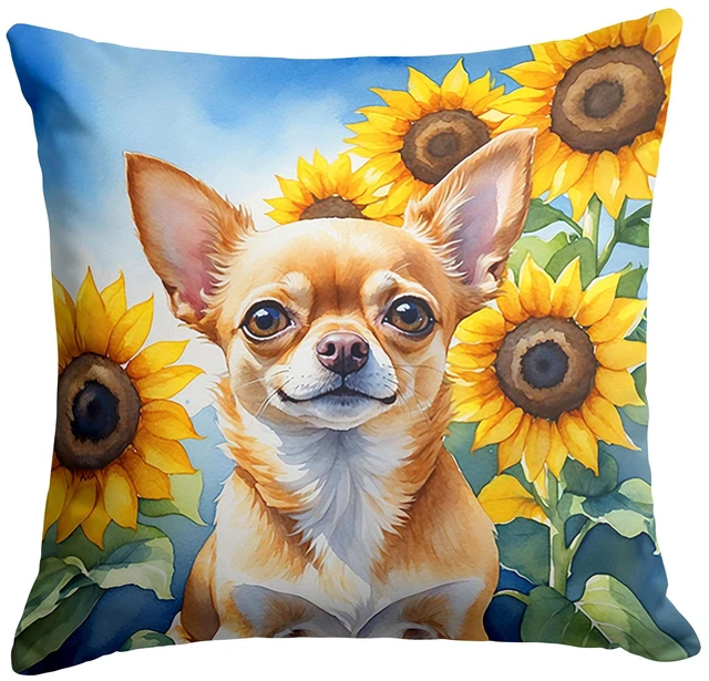 Main image of Chihuahua in Sunflowers Throw Pillow Machine Washable, Indoor Outdoor Decorative Pillow for Couch, Bed or Patio, 18Hx18W