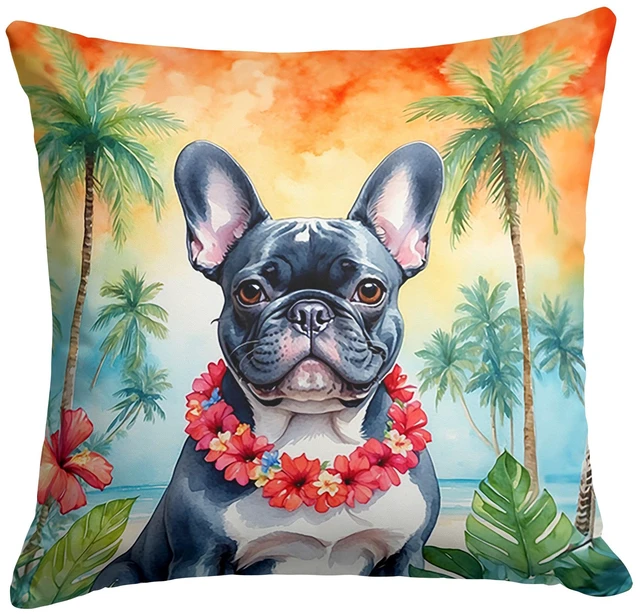 Main image of French Bulldog Luau Throw Pillow Machine Washable, Indoor Outdoor Decorative Pillow for Couch, Bed or Patio, 18Hx18W