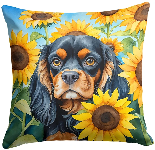 Main image of Cavalier Spaniel in Sunflowers Throw Pillow Machine Washable, Indoor Outdoor Decorative Pillow for Couch, Bed or Patio, 18Hx18W