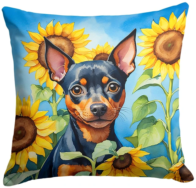 Main image of Miniature Pinscher in Sunflowers Throw Pillow Machine Washable, Indoor Outdoor Decorative Pillow for Couch, Bed or Patio, 18Hx18W