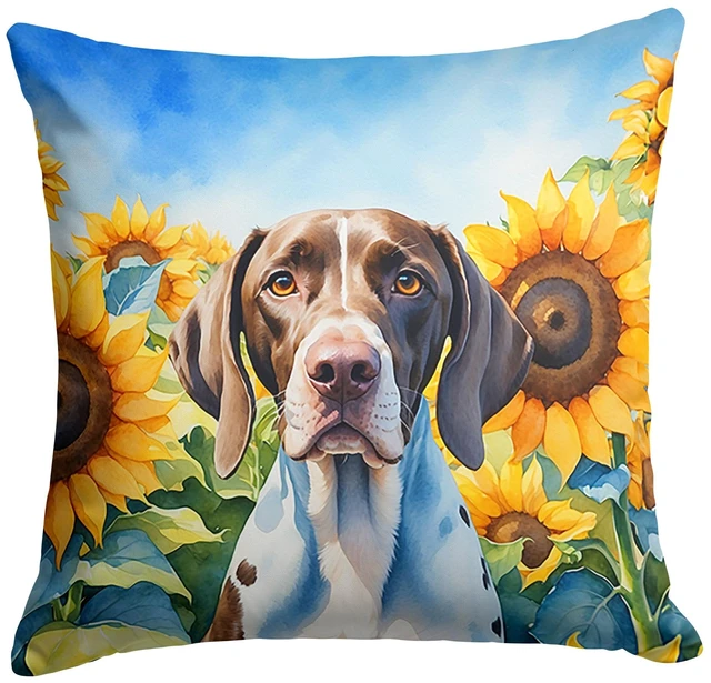 Main image of Pointer in Sunflowers Throw Pillow Machine Washable, Indoor Outdoor Decorative Pillow for Couch, Bed or Patio, 18Hx18W