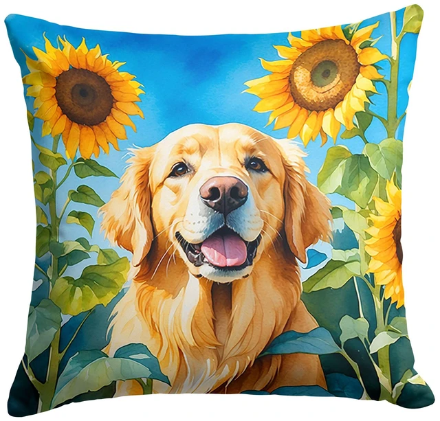 Main image of Golden Retriever in Sunflowers Throw Pillow Machine Washable, Indoor Outdoor Decorative Pillow for Couch, Bed or Patio, 18Hx18W